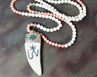 Long Boho Beaded Necklace with White Howlite and Coral Beads and Detailed Horn Pendant