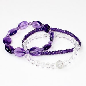 Amethyst and Crystal Beaded Stretch Bracelet Set with Pave Cyrstal Bead image 1