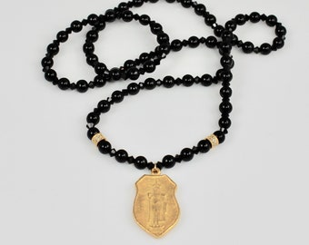 Long Black Beaded Necklace with Buddha Pendant