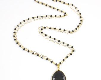 Large Black Spinel Pendant Double Strand Long Necklace