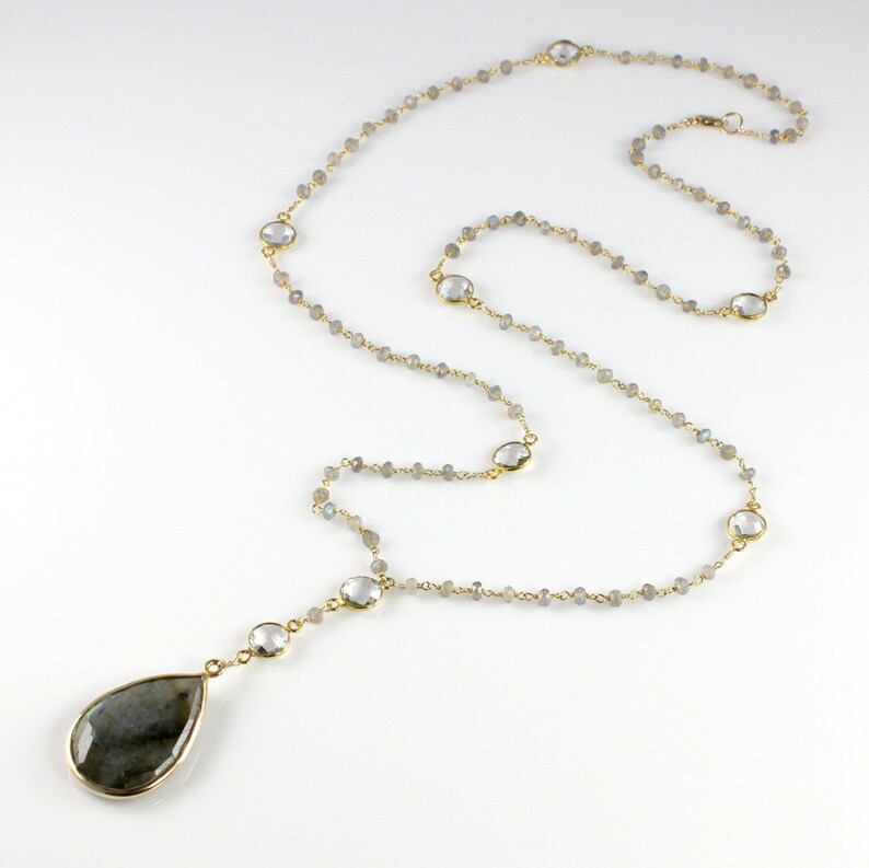 Labradorite and Rock Crystal Quartz Drop Pendant Necklace image 2