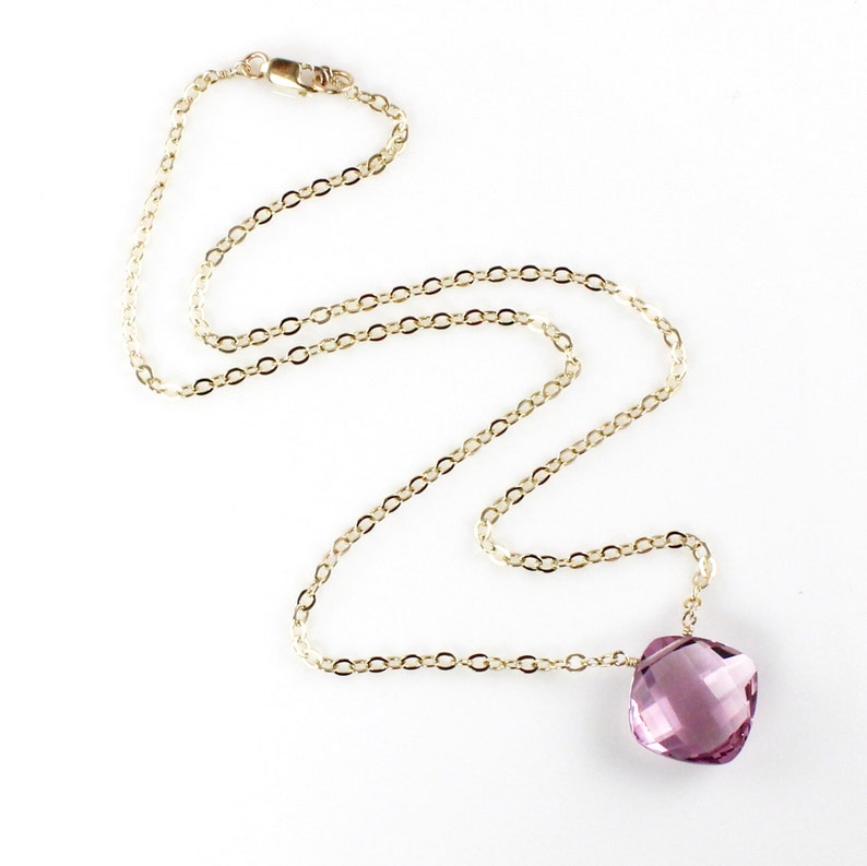 Pink Amethyst Quartz Necklace Short 16 inches 14k gold filled chain image 1