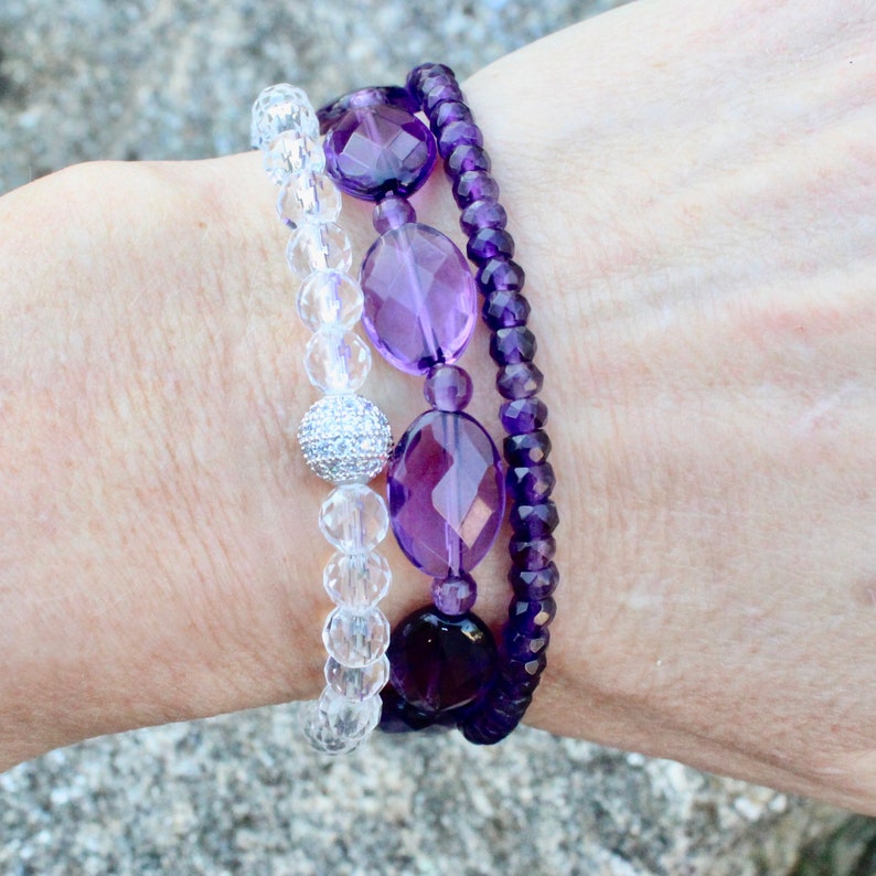 Amethyst and Crystal Beaded Stretch Bracelet Set with Pave Cyrstal Bead image 5