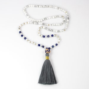Long Tassel Beaded Necklace with White Howlite and Lapis Lazuli