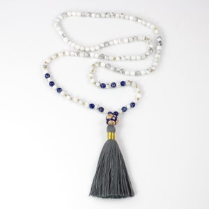 Long Tassel Beaded Necklace with White Howlite and Lapis Lazuli image 1