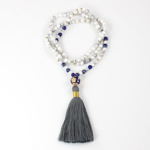 Long Tassel Beaded Necklace with White Howlite and Lapis Lazuli image 3