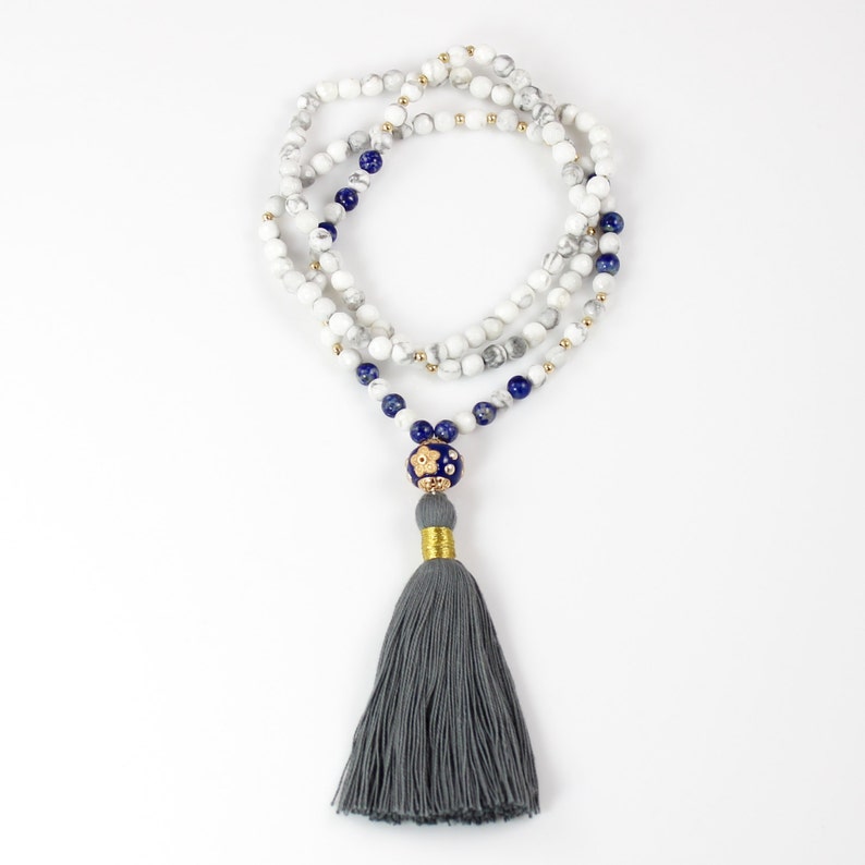 Long Tassel Beaded Necklace with White Howlite and Lapis Lazuli image 3