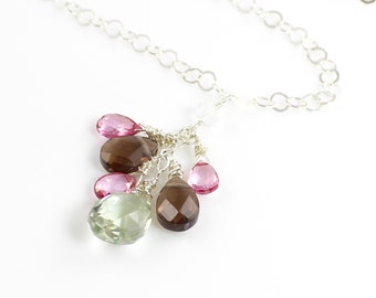 Cluster Gemstone Sterling Silver Necklace with Pink Topaz, Smoky Topaz and Green Amethyst Briolettes