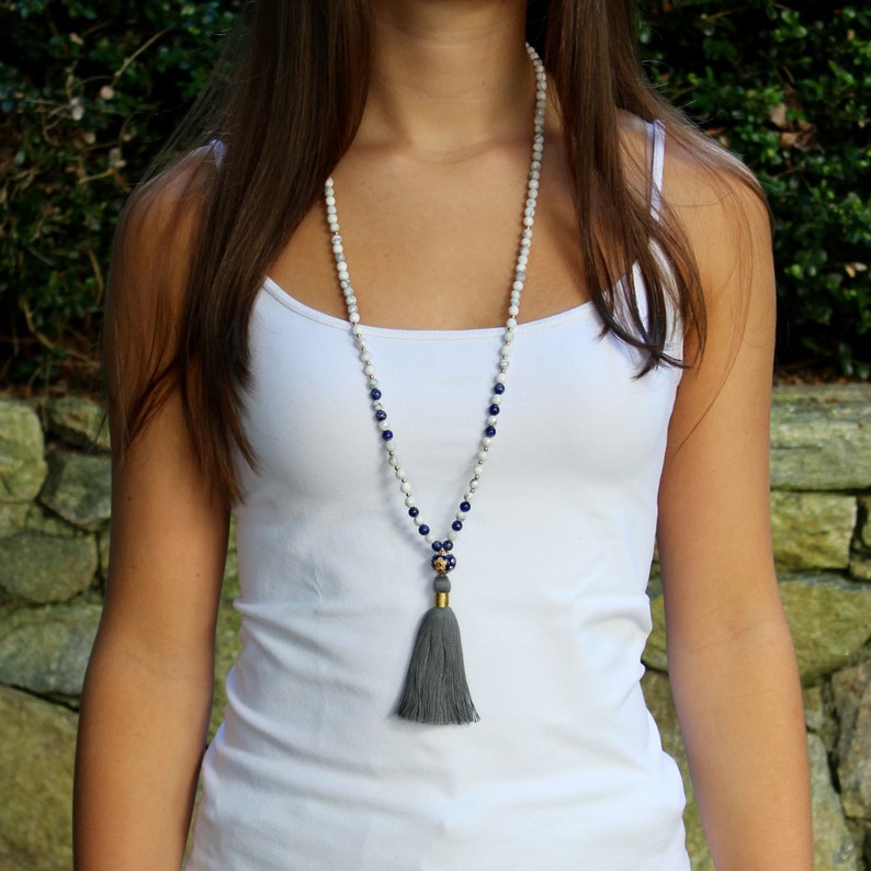 Long Tassel Beaded Necklace with White Howlite and Lapis Lazuli image 5