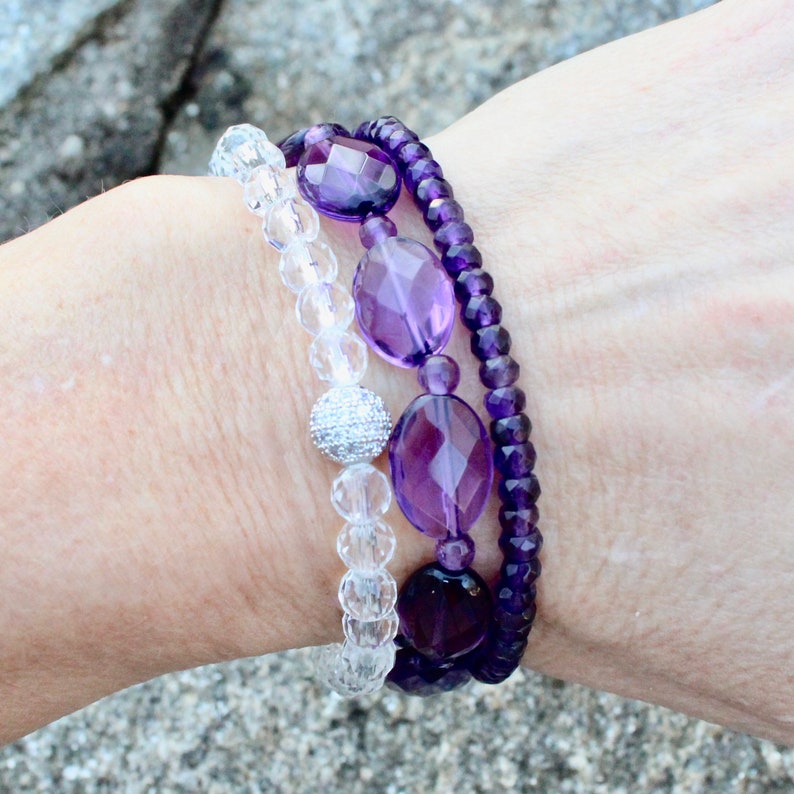 Amethyst and Crystal Beaded Stretch Bracelet Set with Pave Cyrstal Bead image 6