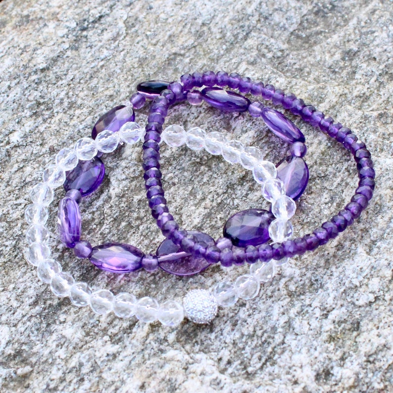 Amethyst and Crystal Beaded Stretch Bracelet Set with Pave Cyrstal Bead image 3