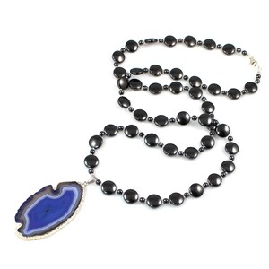 Hematite and Agate Slice Pendant Necklace