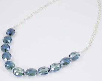 Large Blue Crystal Necklace with Sterling Silver Chain