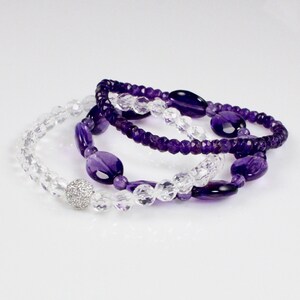 Amethyst and Crystal Beaded Stretch Bracelet Set with Pave Cyrstal Bead image 2