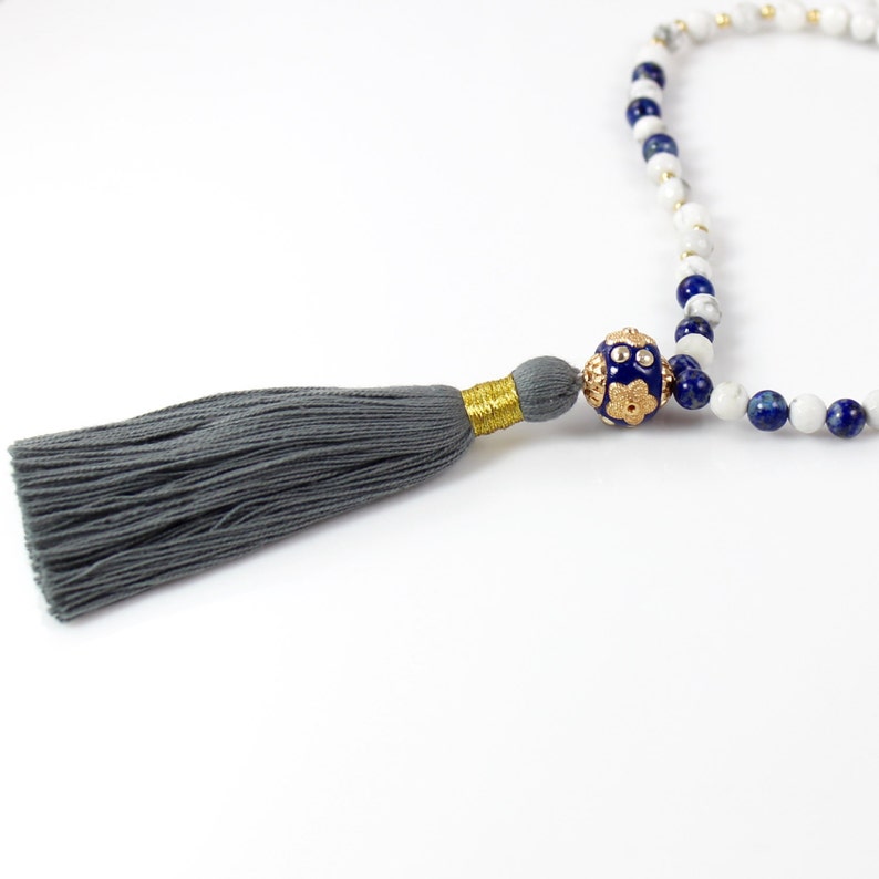 Long Tassel Beaded Necklace with White Howlite and Lapis Lazuli image 4