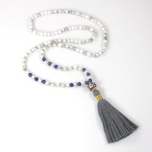 Long Tassel Beaded Necklace with White Howlite and Lapis Lazuli image 2