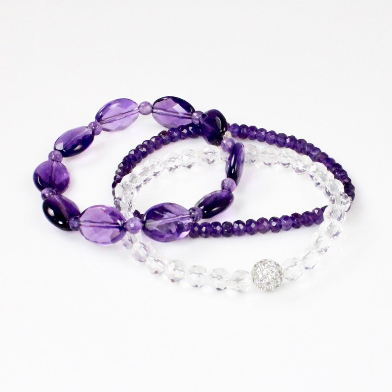 Amethyst and Crystal Beaded Stretch Bracelet Set with Pave Cyrstal Bead image 1