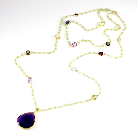 Large Amethyst Quartz Pendant and Peridot Chain Necklace