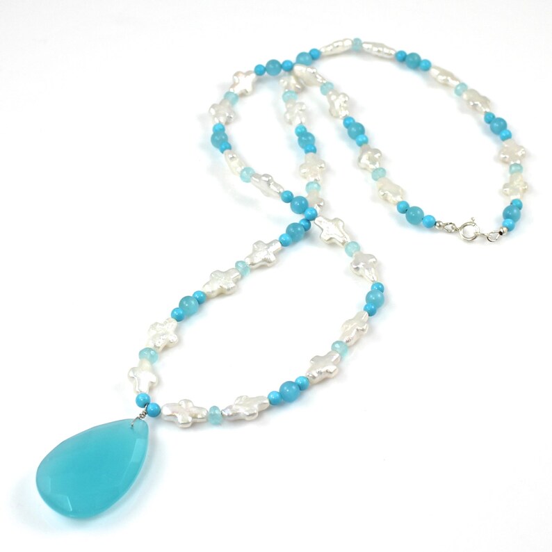 Turquoise and Pearl Necklace with Large Pendant image 1