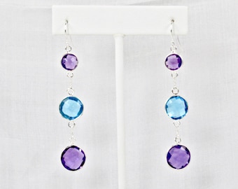 Purple and Blue Quartz Triple Drop Earrings Sterling Silver