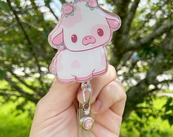 Strawberry Cow Badge Reel | badge holder | acrylic badge reel | medical accessories | cute badge reel| nurse badge reel | teacher badge reel