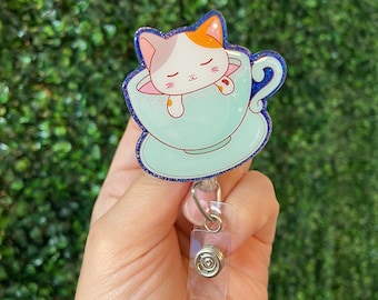 Kitty in Teacup Badge Reel | badge holder | acrylic badge reel | medical accessories | cute badge reel |nurse badge reel |teacher badge reel