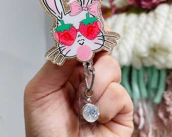 Strawberry Bunny Badge Reel | badge holder | acrylic badge reel | medical accessories  | nurse badge reel | teacher badge reel