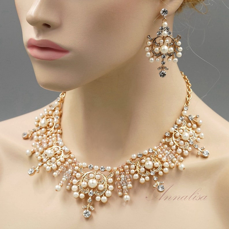Bridal Jewelry Set,Pearl Wedding Necklace Set,Gold Victorian Necklace Set,Crystal earrings Necklace Set,statement necklace