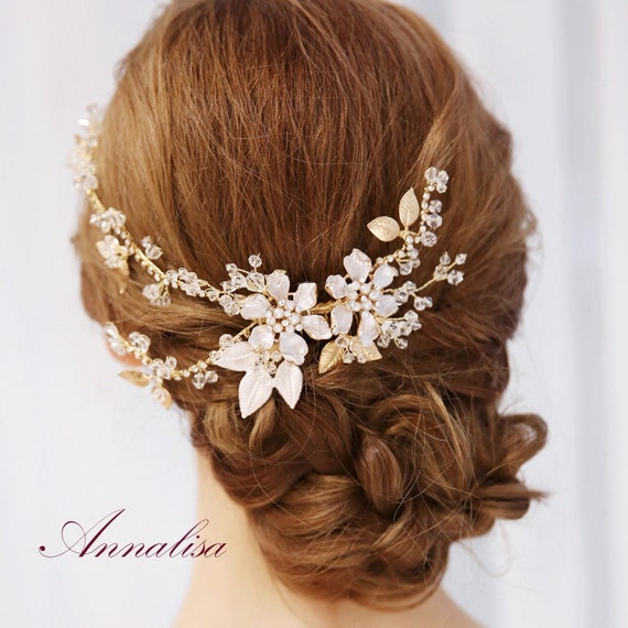 Large Rhinestone Hair Comb, Gold Bridal Hair Comb, Floral  display picture 3