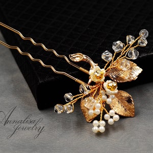 Crystal Bridal Hair Pins Gold, Floral Wedding Hair Pins, Pearl Flower Wedding Pins, Wedding headpieces, Gold Bridal Hair Comb Pin 30027