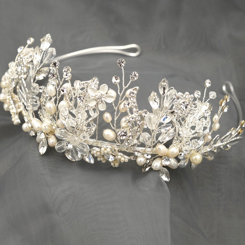Silver Leaf Wedding Tiara HMH009 Flower Crown Floral Bridal Tiara Freshwater Pearl Wedding Tiara Silver Wedding Crown Bridal Leaf Crown