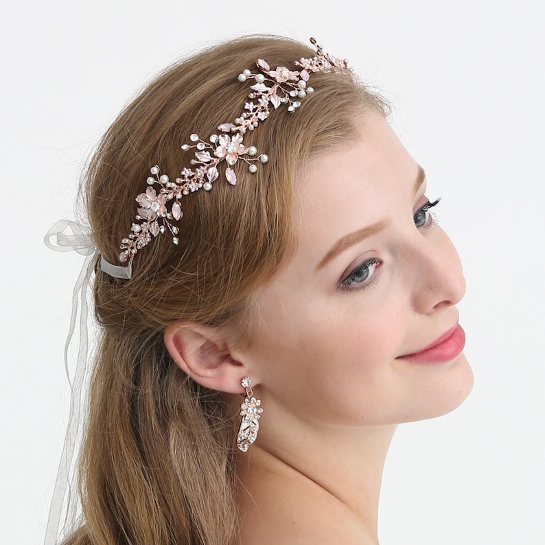 Rose Gold Bridal Hair Vine Crystal Leaf Rustic Bridal Headpieces Floral Bridal Wreath Wedding Hair Accessories Pearl Headband Tiara