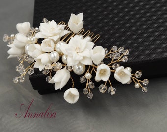 Floral Wedding Bridal Hair Comb Gold Crystal Hair Comb, White Ceramic Flower Hair Comb, Pearl Hair Comb Headpieces Hair Pin  20820