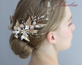 Gold Bridal Hair Clip, Rhinestone Hair Comb, Floral Wedding Hair Clip, Crystal Hair Comb, Clay Flower Wedding Headpieces,Wedding Accessories