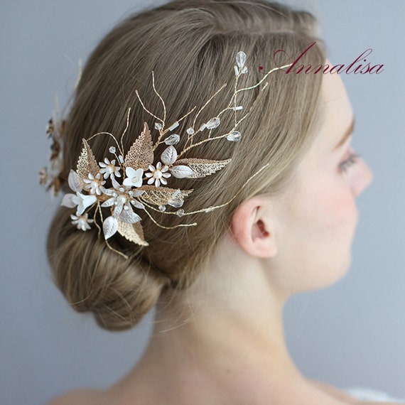 Gold Bridal Hair Clip, Rhinestone Hair Comb, Floral Wedding  display picture 2