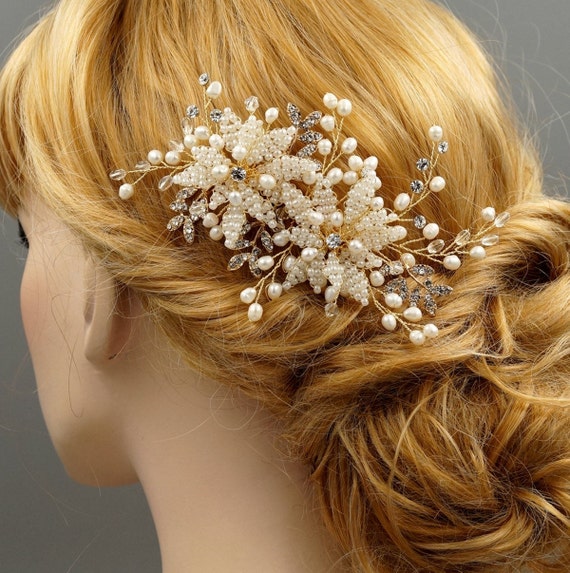 Gold Hair Comb, Floral Wedding Hair Comb, Crystal Bridal  display picture 3