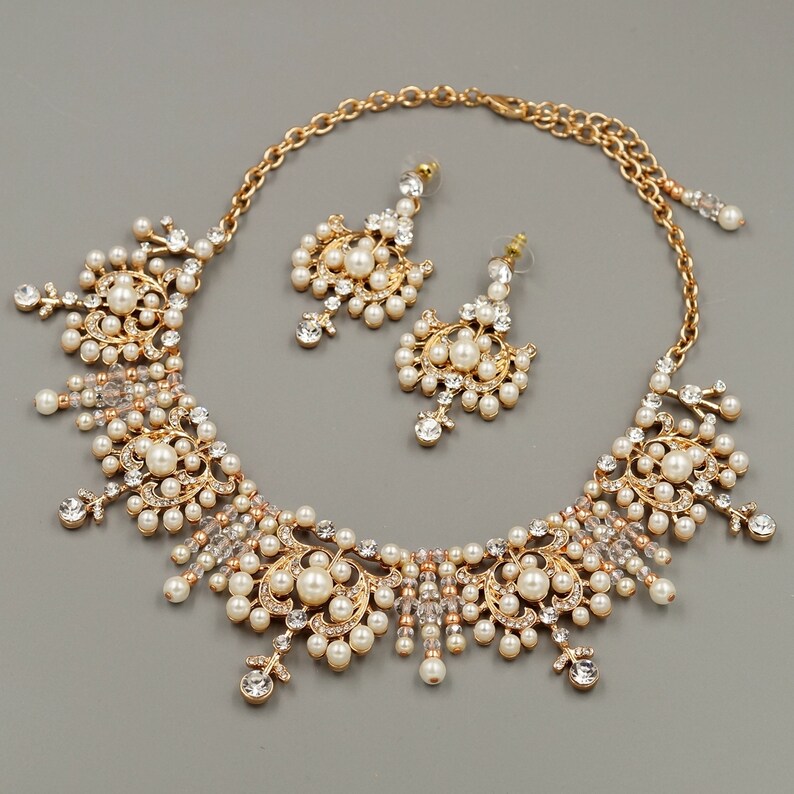 Bridal Jewelry Set,Pearl Wedding Necklace Set,Gold Victorian Necklace Set,Crystal earrings Necklace Set,statement necklace