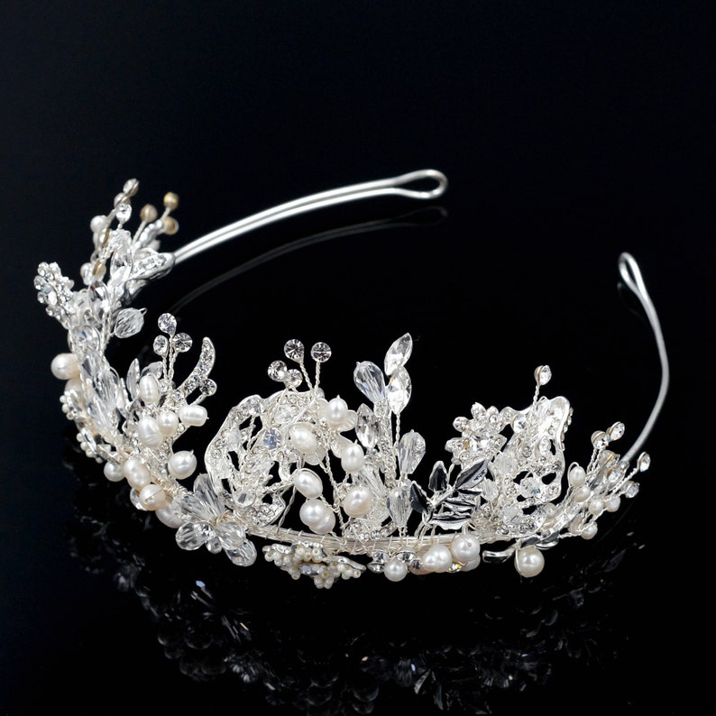 Silver Leaf Wedding Tiara HMH009 Flower Crown Floral Bridal Tiara Freshwater Pearl Wedding Tiara Silver Wedding Crown Bridal Leaf Crown