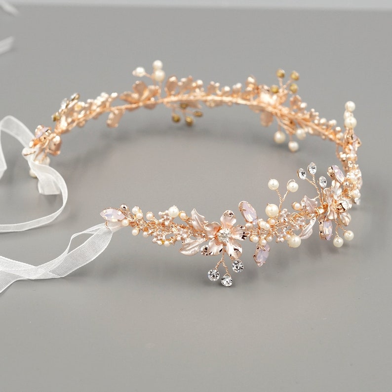 Rose Gold Bridal Hair Vine Crystal Leaf Rustic Bridal Headpieces Floral Bridal Wreath Wedding Hair Accessories Pearl Headband Tiara