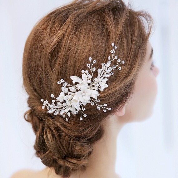 Silver Floral Bridal Wedding Hair Comb, White Ceramic Flower  display picture 3