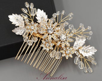 Gold Bridal Hair Comb, Floral Wedding Hair Comb, Crystal Rhinestone Hair Comb, Hair Comb, Hair Clip, Wedding Headpieces, Wedding Accessories