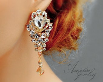 Swarovski Crystal Wedding Bridal Earrings Gold, Drop Dangle Earrings, Victorian wedding Earrings 07314