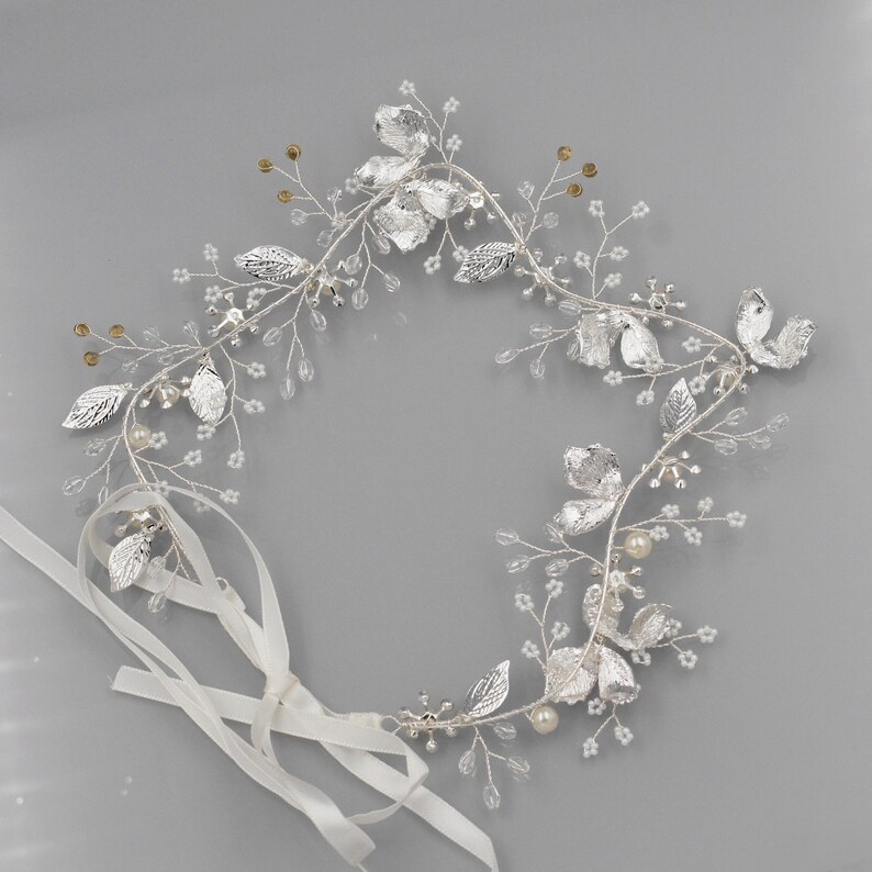 Silver Hair Vine Bridal Hair Vine Silver Headpiece Rustic Bridal Headpiece Pearl And Crystal Hair Vine HMH03794