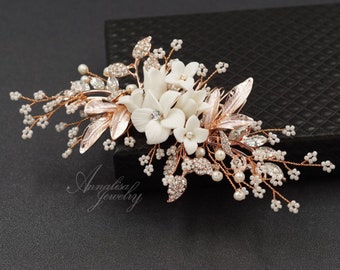 Rose Gold Floral Bridal Wedding Hair Comb, Crystal and White Ceramic Flower Hair Comb, Crystal Pearl Hair Clip, Wedding Hair Pins, Silver