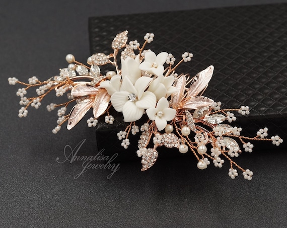 Rose Gold Floral Bridal Wedding Hair Comb, Crystal and White  display picture 1