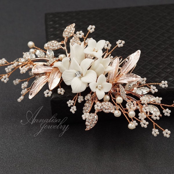 Rose Gold Floral Bridal Wedding Hair Comb, Crystal and White Ceramic Flower Hair Comb, Crystal Pearl Hair Clip, Wedding Hair Pins, Silver