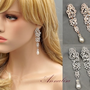 Swarovski Pearl Wedding Oorbellen, Crystal Bridal Oorbellen, Teardrop Dangle Oorbellen, Rose goud, Zilver, Witte Parel, Ivory Pearl