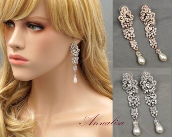 Swarovski Pearl Wedding Earrings, Crystal Bridal Earrings, Teardrop Dangle Earrings, Rose gold, Silver, White Pearl, Ivory Pearl
