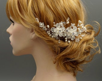 Silver Hair Comb, Wedding hair piece, Crystal Bridal Hair Comb, Rhinestone Hair Comb, Bridal hair piece, Wedding Hair Comb HMH00556 Pearl