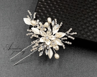 Bridal Hair Pin Silver, Floral Wedding Hair Pins, Freshwater Pearl & Crystal Wedding Pins, Wedding headpieces, Silver flower hair pin 020820